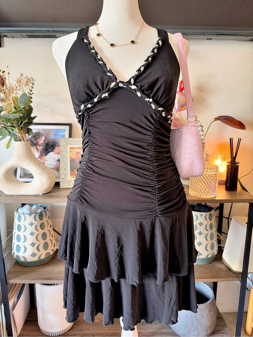 Vintage Y2K XOXO Black Ruched Halter Dress - Tiered Ruffle